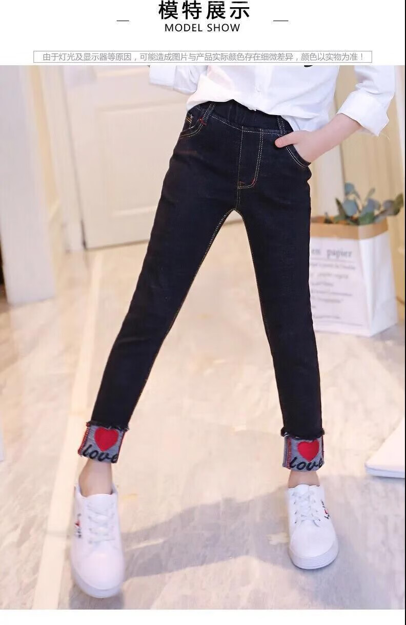 牛仔加绒加厚冬款中大童315岁小女孩保暖棉裤外穿长裤子黑色不加绒110