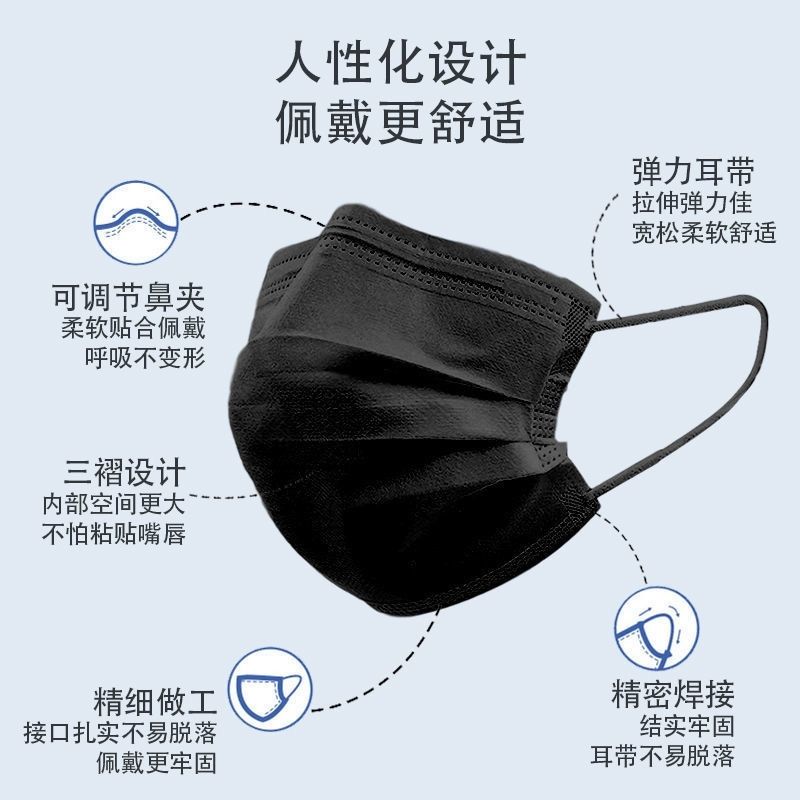 誓哲黑色口罩明星款黑色口罩彩色耳带绳独立包装三层加厚含熔喷布女高