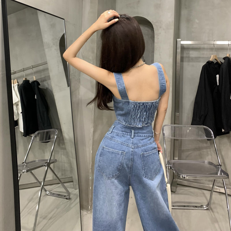 牛仔吊带背心高腰牛仔裤牛仔小吊带套装女显腿长宽松薄款拖地裤复古