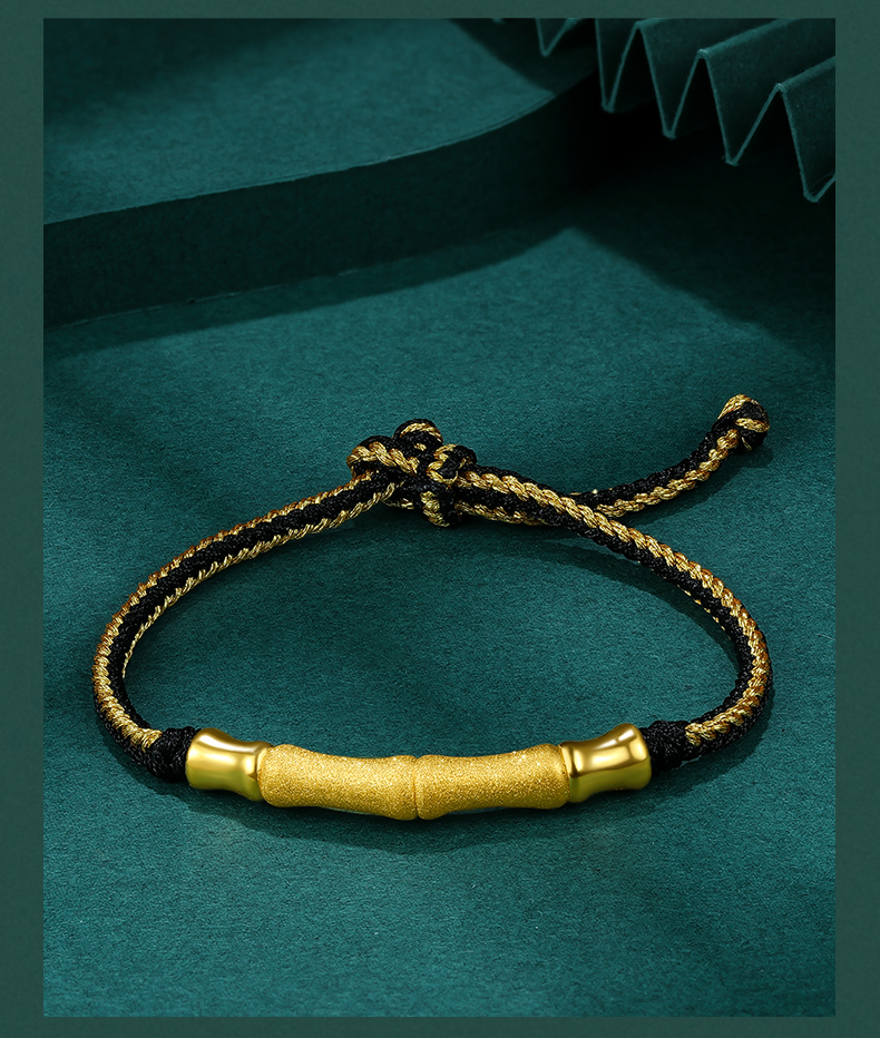 999足金竹节黄金手链女硬金本命年编织红绳金手绳男弯管半镯情侣 小版