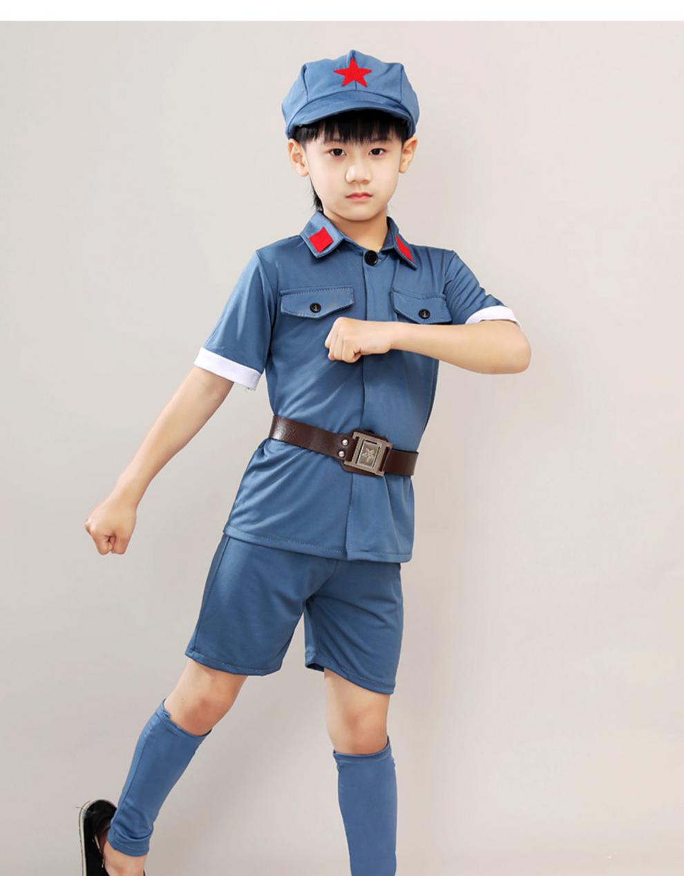 红军演出服儿童小八路军长征表演服装少儿闪闪节日合唱新四军 棉麻 蓝