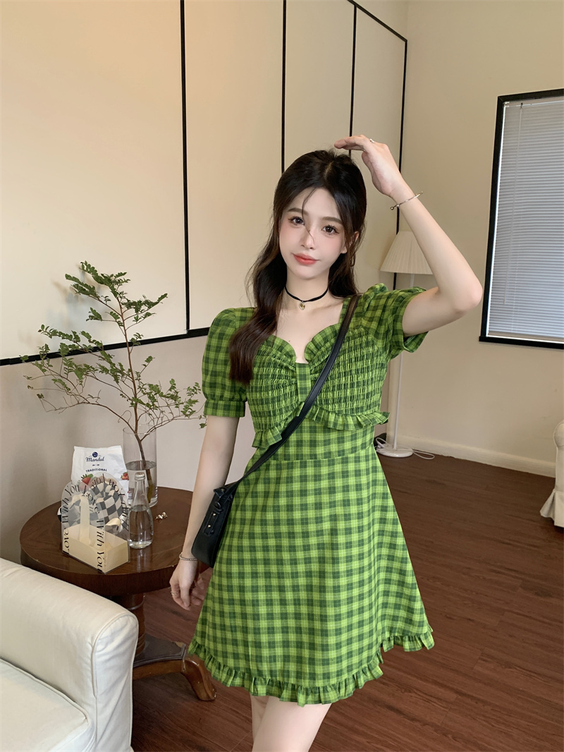 pbmr显白绿色格子短袖连衣裙女法式方领收腰显瘦a字裙 绿色格子-长款
