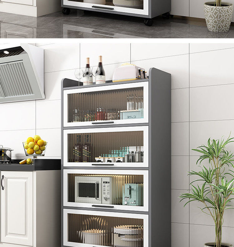 厨房餐边柜翻盖封闭落地多层家用新款碗柜收纳餐具柜置物架灰色3层