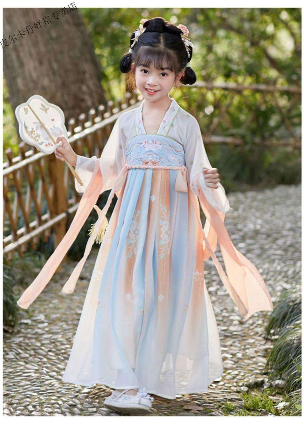 皮尔卡丹313岁甜美小女孩穿的儿童汉服女童夏季古装中国风连衣裙夏装