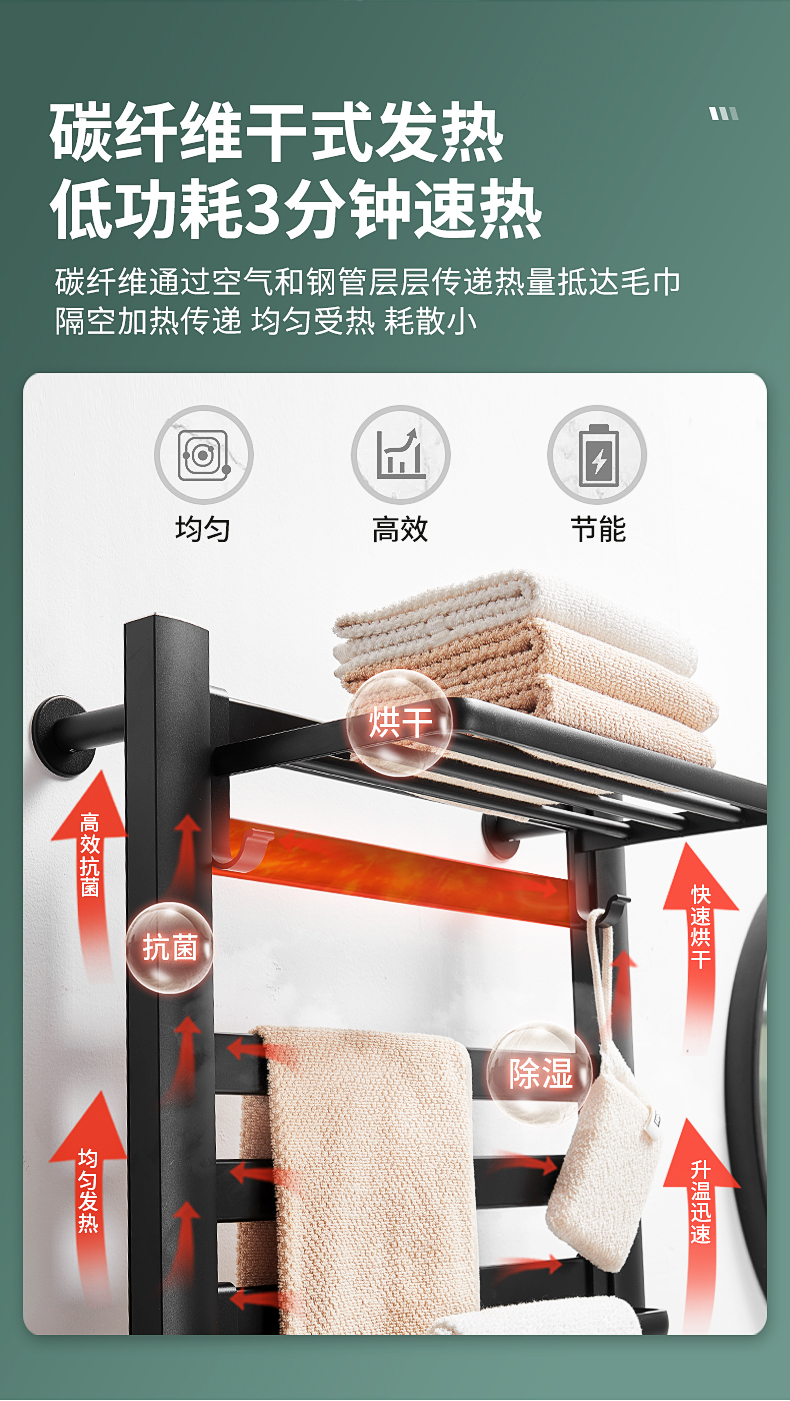 加热毛巾架烘干恒温智能卫生间免打孔碳纤维电热黑色四杆带浴巾架安装