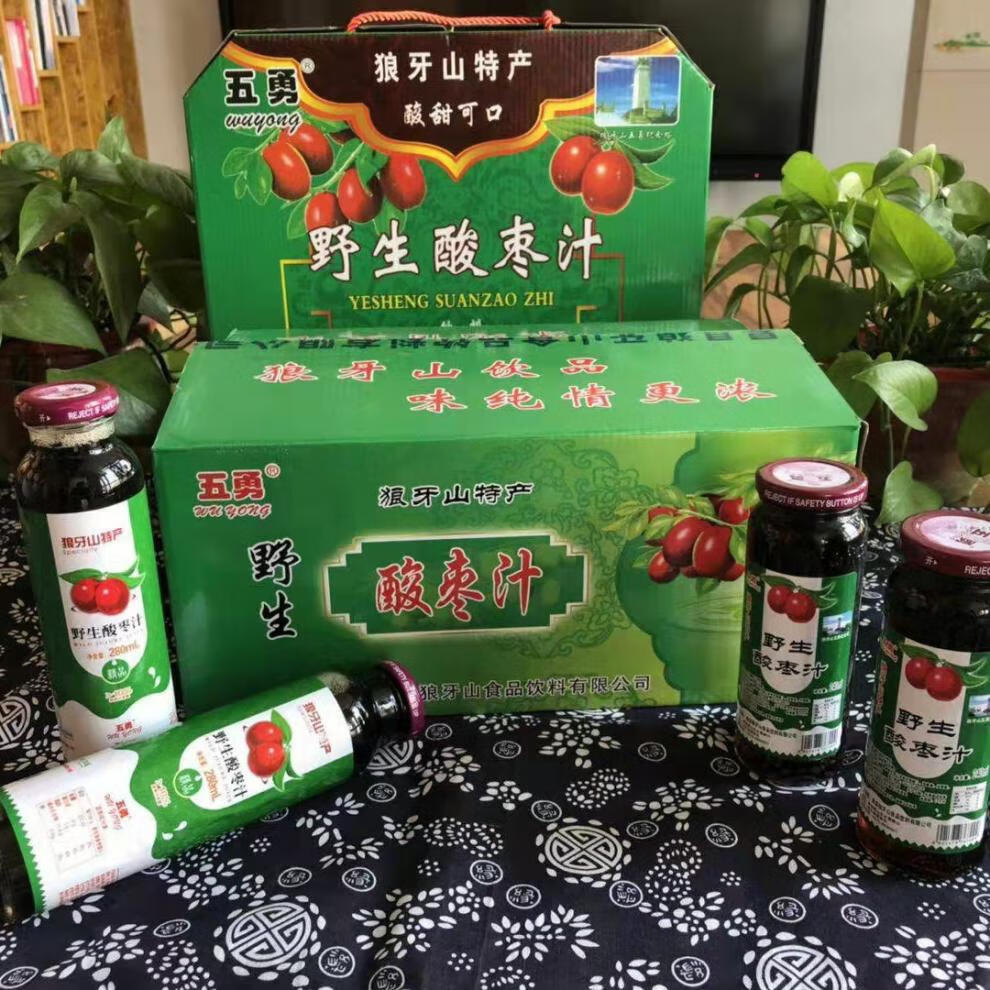 五勇野生酸枣汁晚安饮料玻璃瓶无蔗糖酸枣汁24瓶280毫升绿色正常款