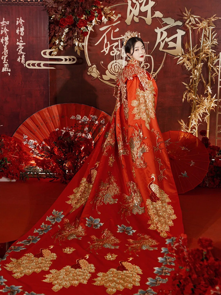 汉服婚服凤冠霞帔大拖尾嫁衣中式婚礼秀禾服新娘皇后披风结婚披肩秀