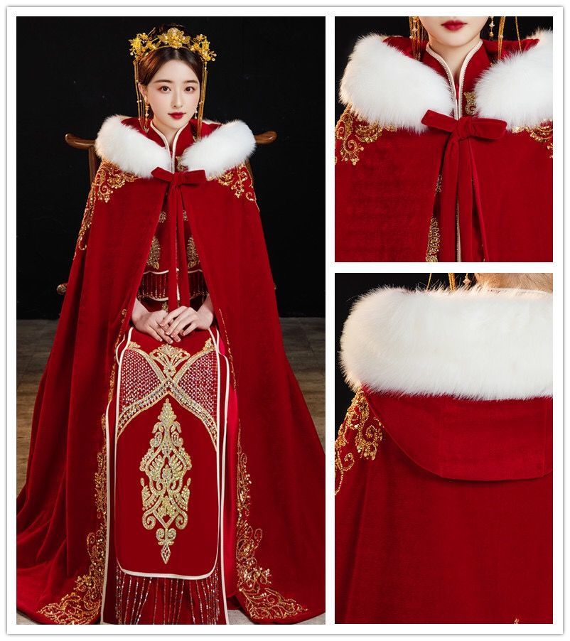 新品秀禾服披肩秀禾服披风红色2021新款新娘中式婚礼毛