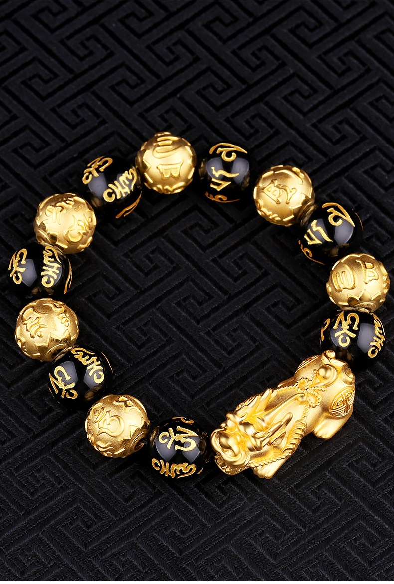 老凤凰黄金貔貅手链男六字真言玛瑙串珠手串足金貔丘转运珠3d硬金皮丘