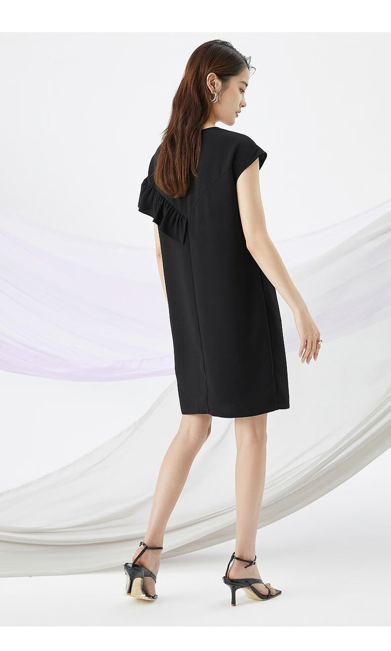 goobgsgb谷邦木耳边圆领中长连衣裙女气质修身裙子夜黑s155