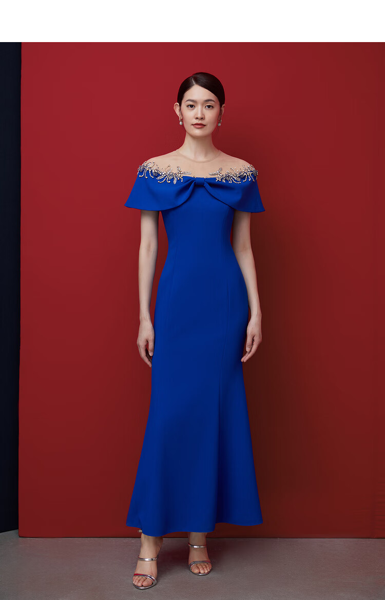 【铂金盛宴】songofsong歌中歌2022夏季宝蓝色翻领鱼尾礼服长裙 宝蓝