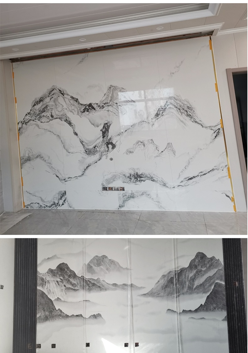 中式山水画电视背景墙 新中式山水画岩板电视背景墙800x2600连纹岩石
