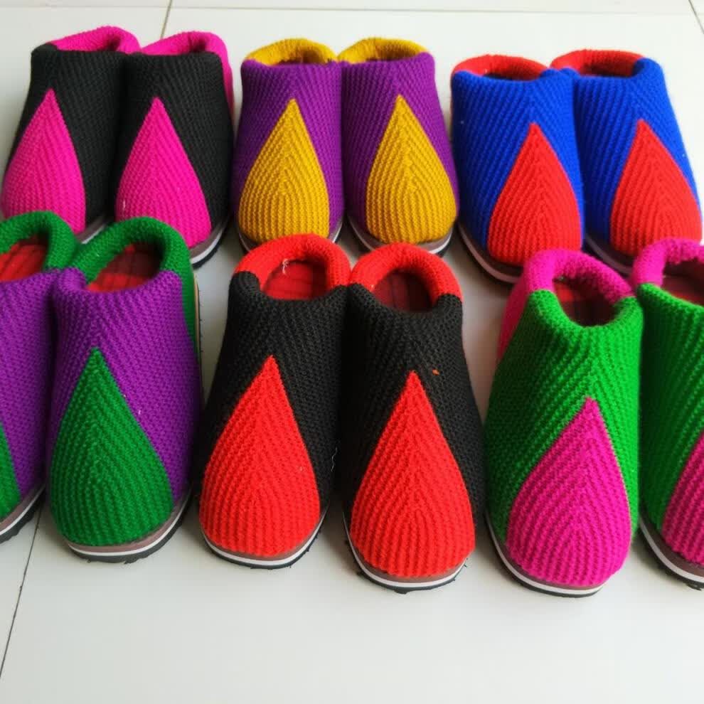 精选秋冬季毛线拖鞋手工编织毛棉鞋婚嫁家居防滑橡胶底棉拖鞋批发佐