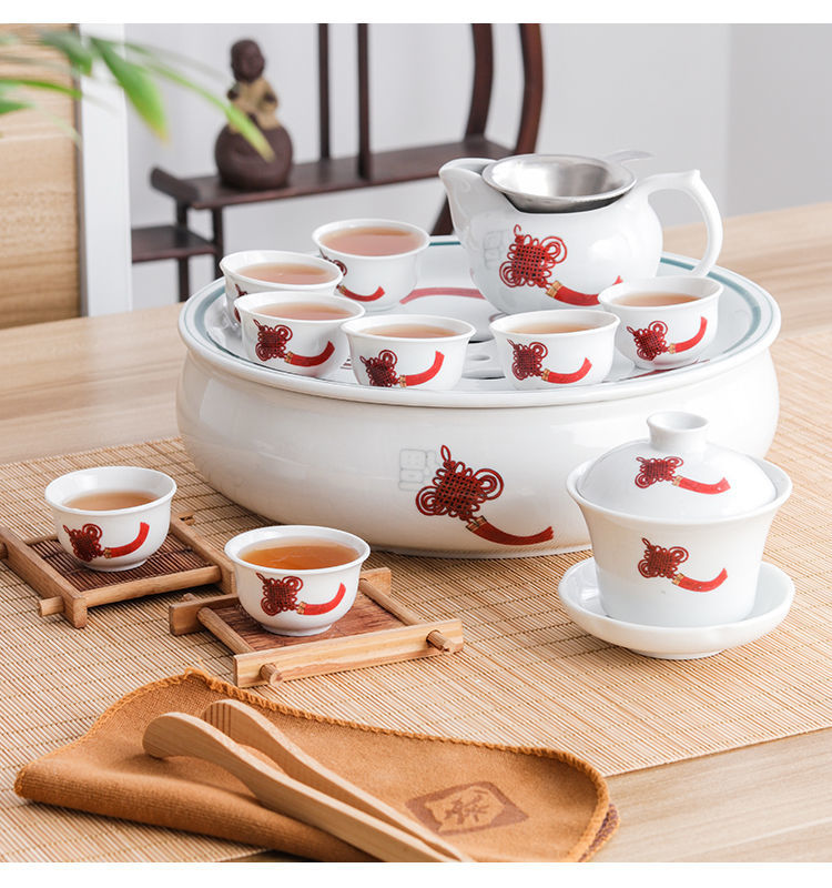 全陶瓷功夫茶具套装简约家用茶盘泡茶器盖碗茶杯公道杯三才杯整套樱桃