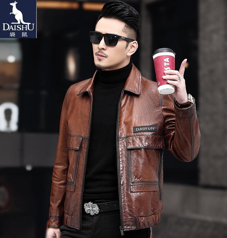 袋鼠真皮皮衣男翻领短款修身真皮夹克植鞣绵羊皮休闲机车海宁单皮外套