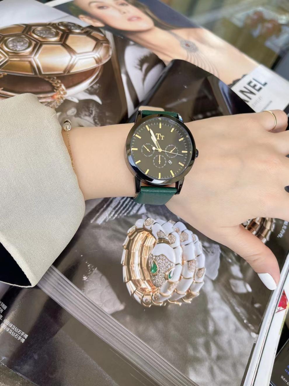 tt网红手表女圆形皮带情侣石英表男学生韩版简约潮流防水日历腕表