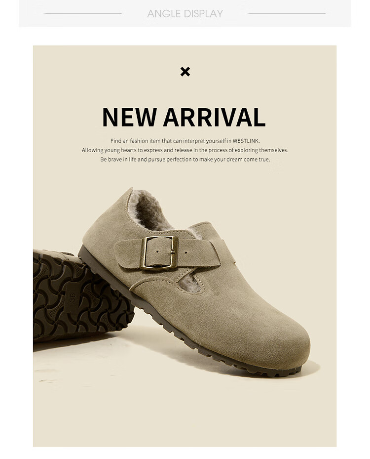 Westlink All-Wool Birkenstock-Style Women's Fleece-Lined Shoes, New Winter 2024 Soft-Soled Cotton Shoes, Warm Slip-On Fluffy Shoes, Brown, Size 37 26