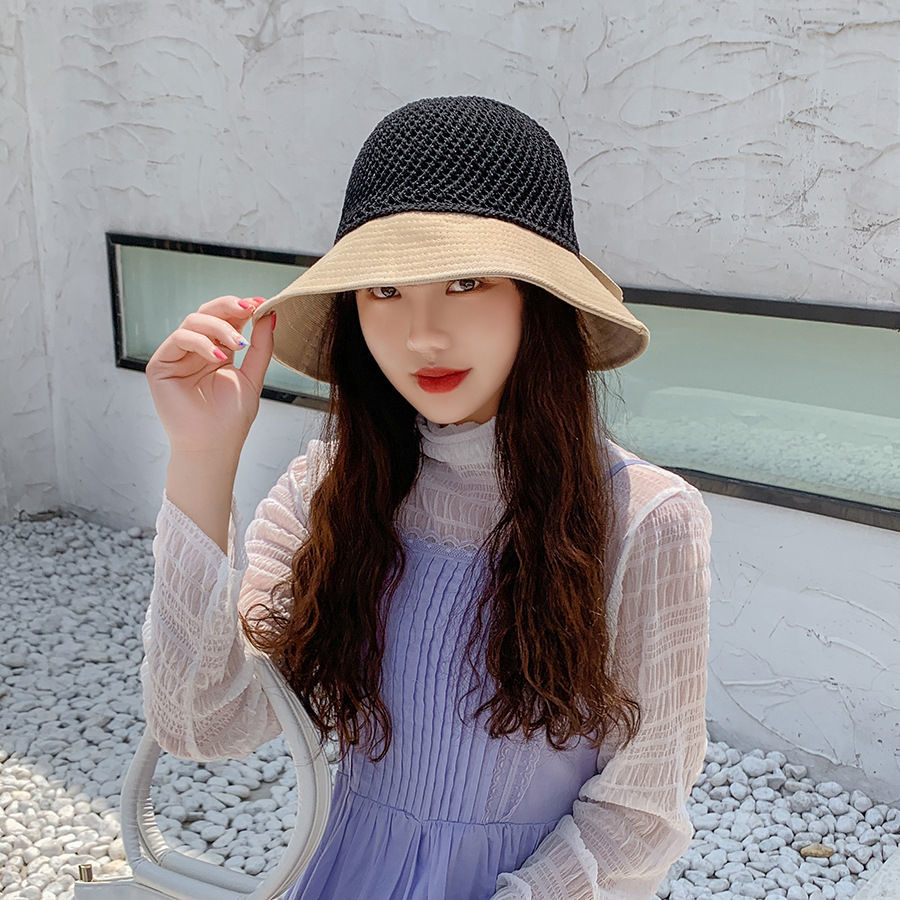 直播现货网红针织顶拼接渔夫帽子女拼色蝴蝶结遮阳帽百搭盆帽 黄色-拼