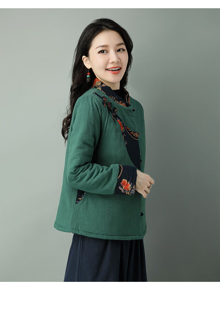 复古盘扣棉麻唐装小棉袄女短款民族风棉衣女冬季加厚中式夹棉外套藏青