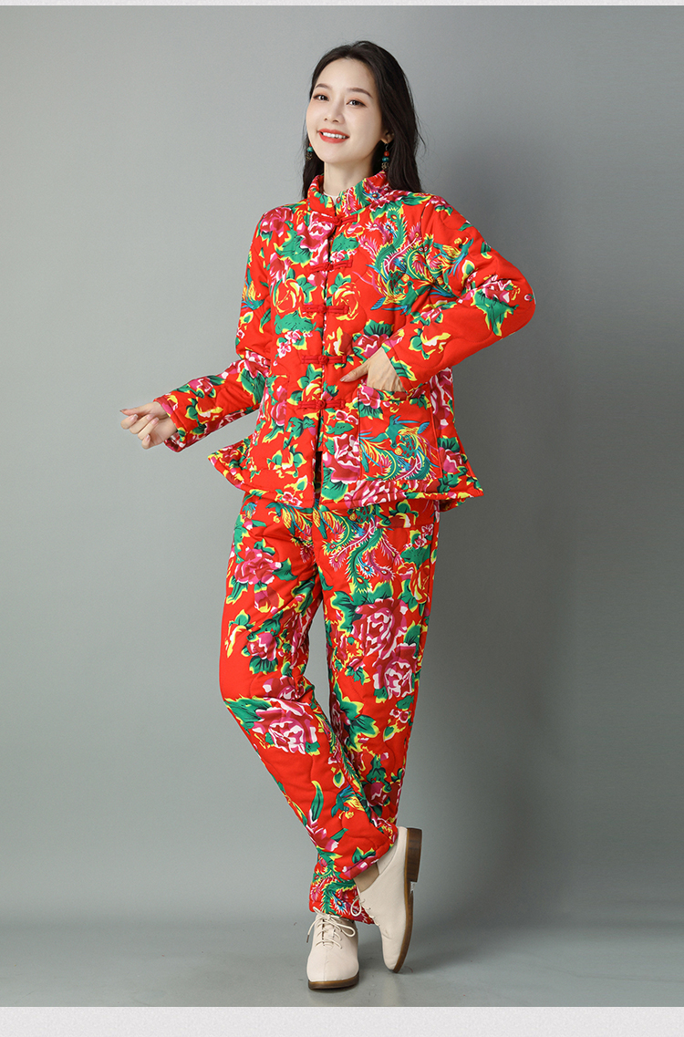棉袄东北大花袄女大花布衣服棉衣棉裤套装冬加厚盘扣民族风冬季棉服