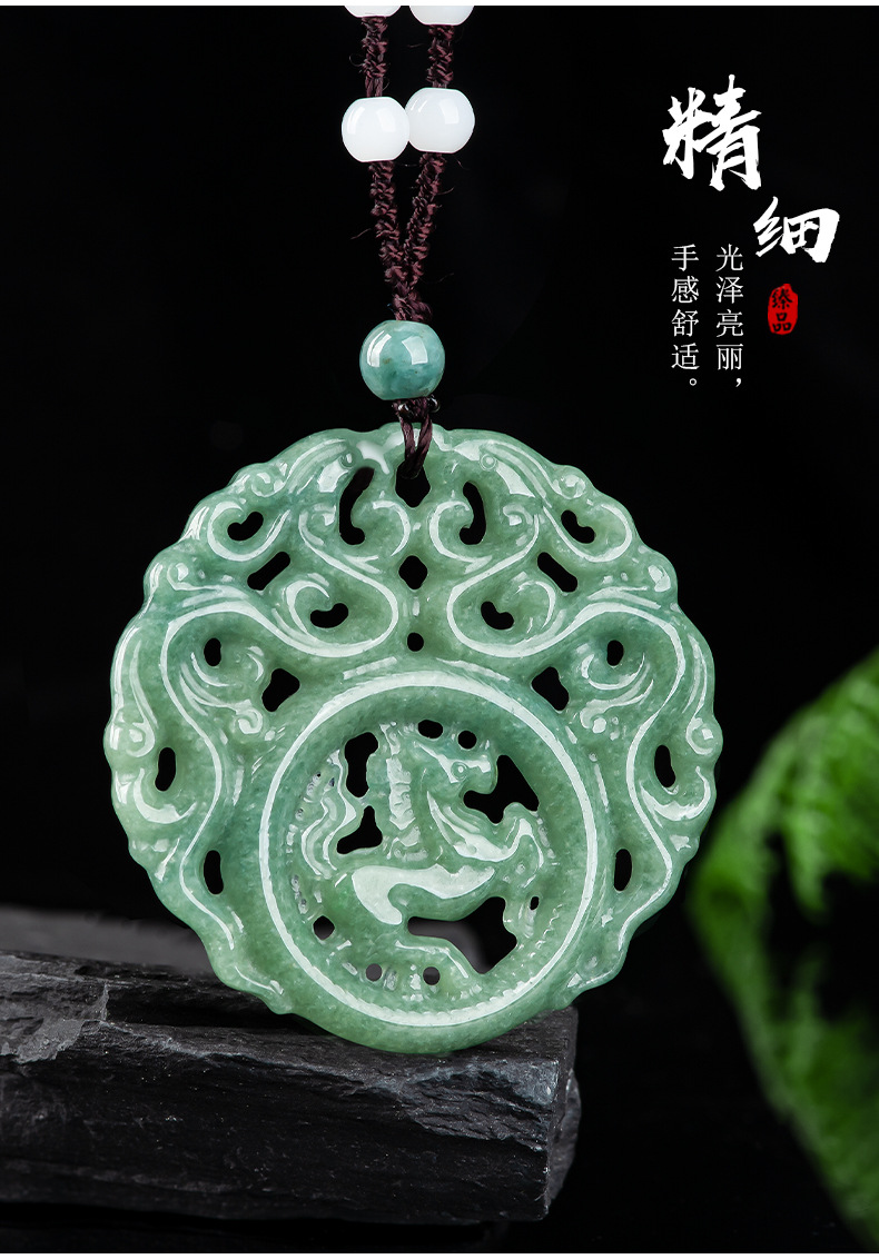 timeswind龙马精神天然翡翠豆种仿古马牌冰种玉石吊坠男士挂件玉佩