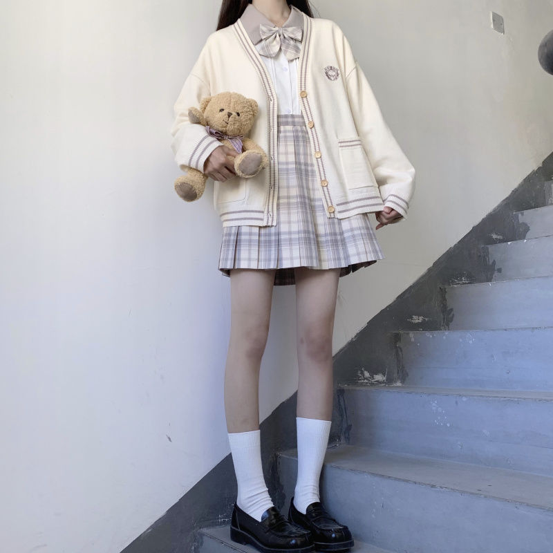 香芋奶霜朝晖新款正统jk制服裙学院风百褶裙格裙 树莓红茶格裙 领结