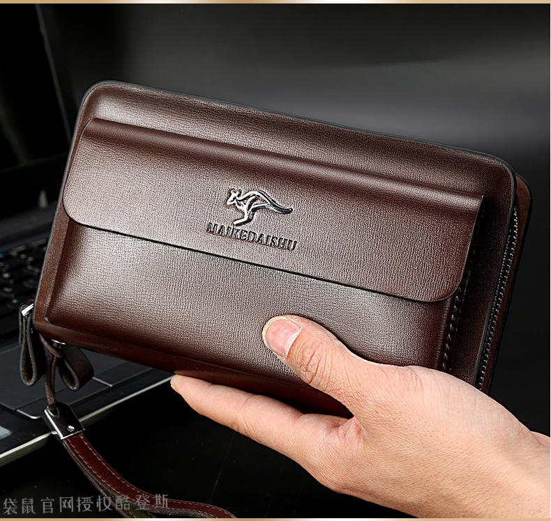 袋鼠包包轻奢高端手包男士商务手拿包双拉链大容量手机包男手腕包黑色