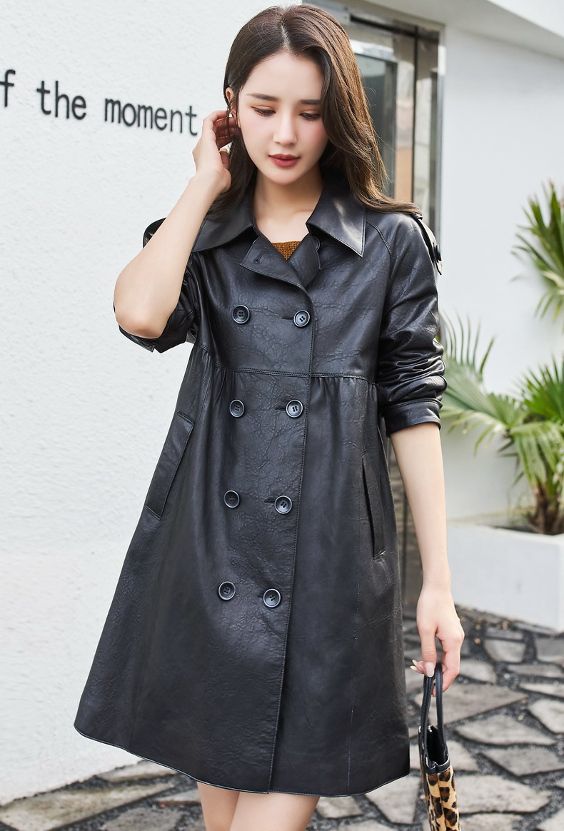 海宁皮革城皮衣女真皮风衣新款春秋绵羊皮衣海宁女中长草外套修身型春