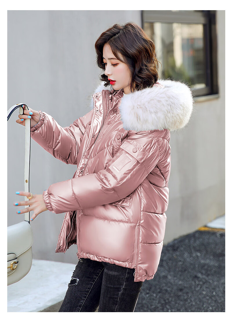 邻家女孩爱漂亮衣服棉服女短款冬装新款宽松连帽大毛领亮面免洗时尚