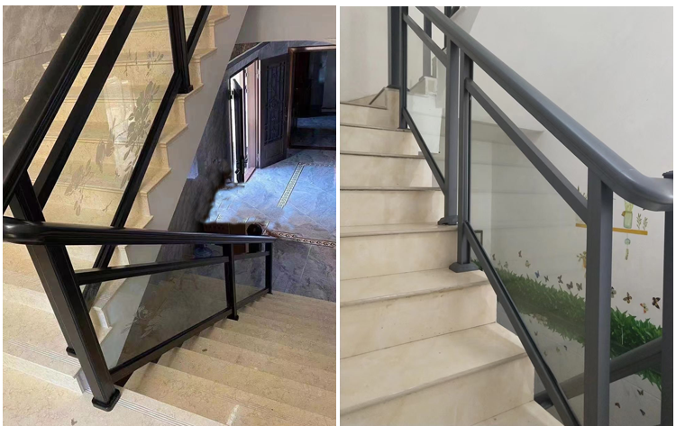 东莞铝合金楼梯扶手室内阳台栏杆护栏铁艺柚木纹玻璃扶手上门安装80