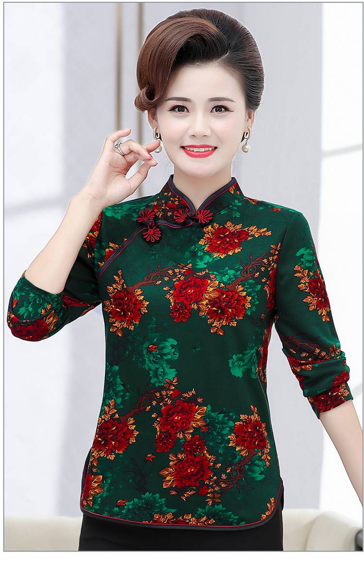 中老年打底衫妈妈春秋复古盘扣大码女短款旗袍加绒中年妇女秋冬季内搭