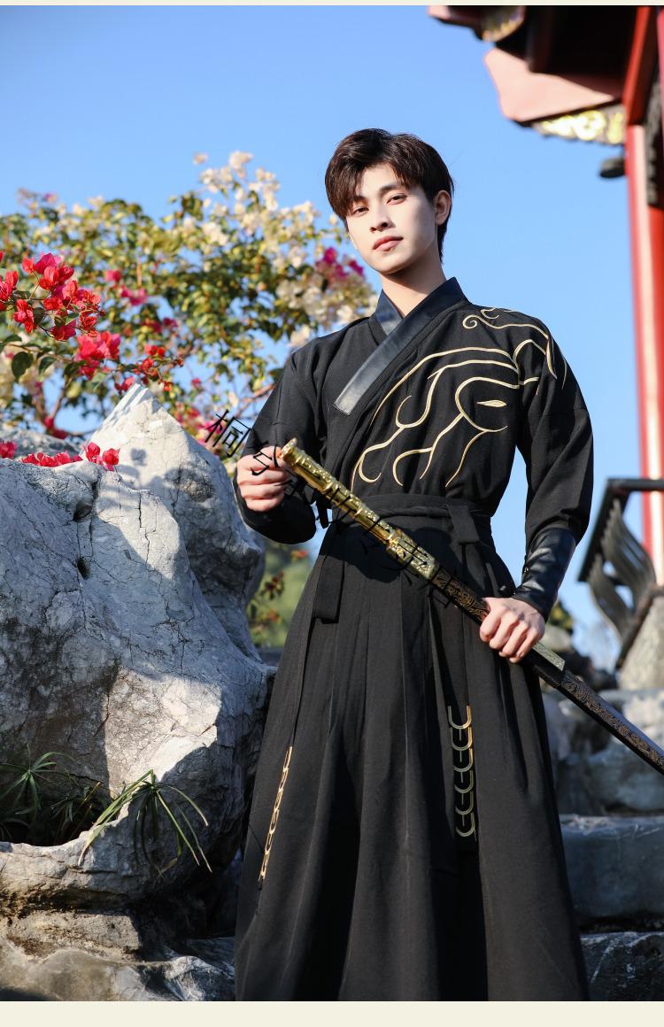 示牧男装中国风原创汉服男装夏天交领古风武侠剑客暗黑色系班服演出服