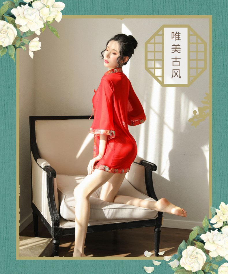 女汉服情趣诱惑透视睡衣古装小肚兜套装制服诱惑 红色【外罩 抹胸 t裤