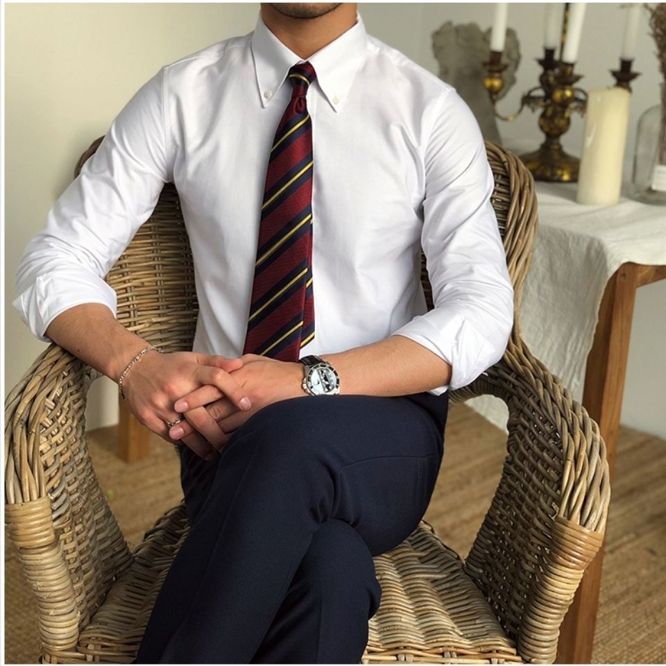 那不勒斯衬衫秋冬新品那不勒斯大尖领领扣修身长袖男士衬衫结婚职场白