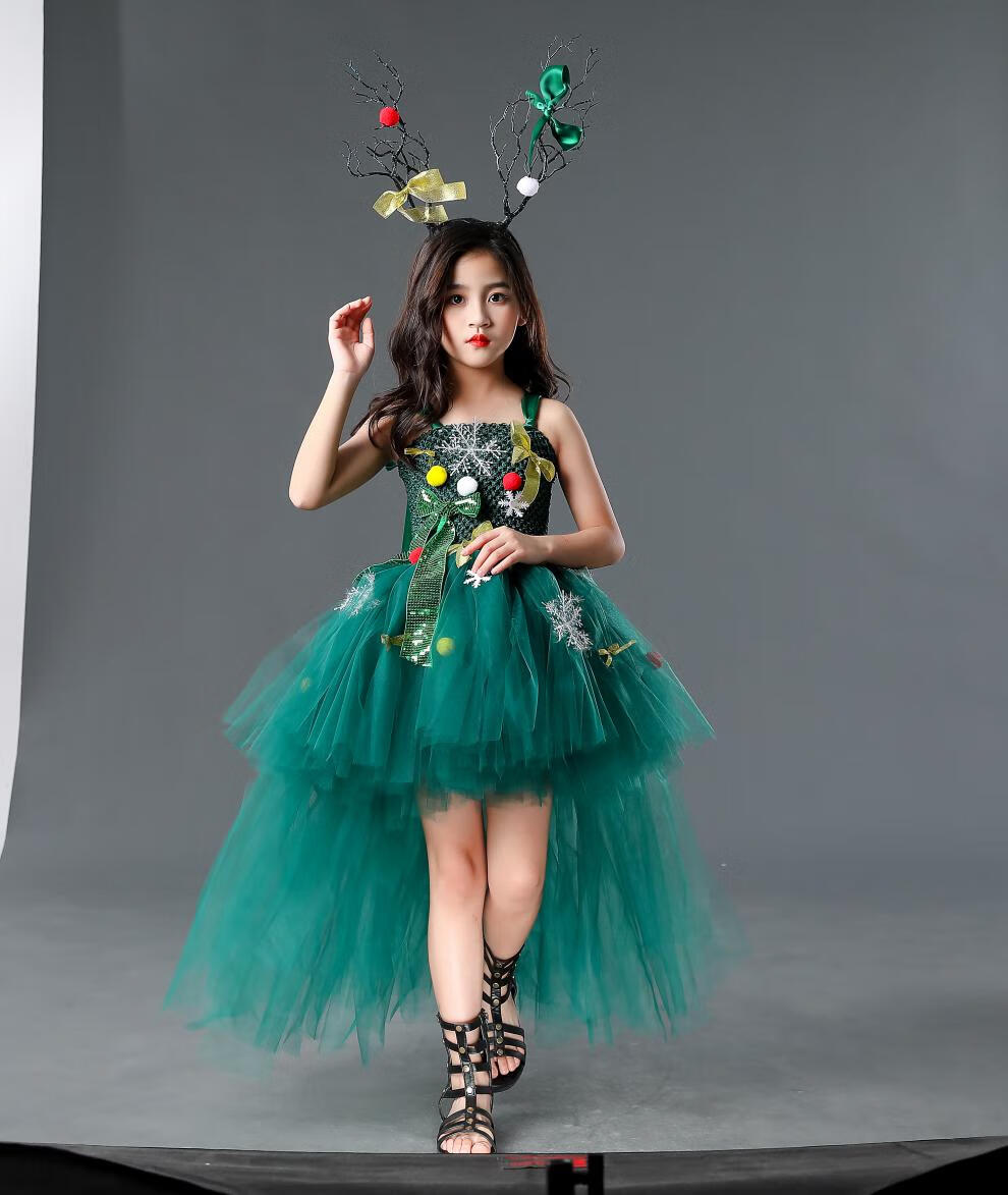 精选圣诞元旦礼服圣诞节儿童服装女童礼服绿色森林系连衣裙小女孩舞会
