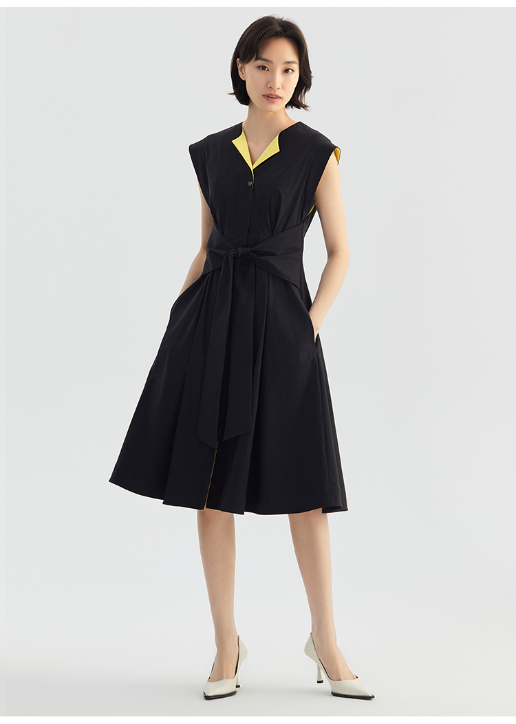 eachway艺之卉连衣裙女2022商场同款撞色打结腰带收腰a字摆01薄暮黑s