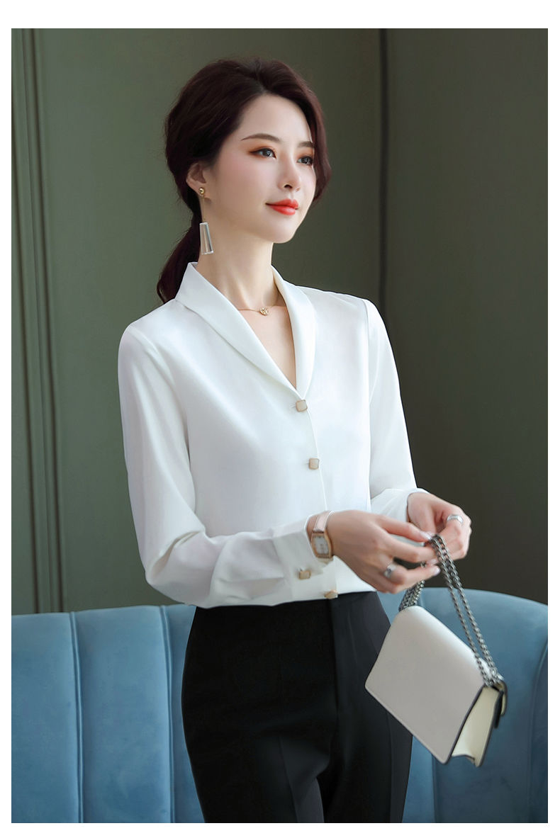 雪纺衬衫女长袖上衣v领春秋新款女洋气时尚酒红职业衬衣酒红色v领单件