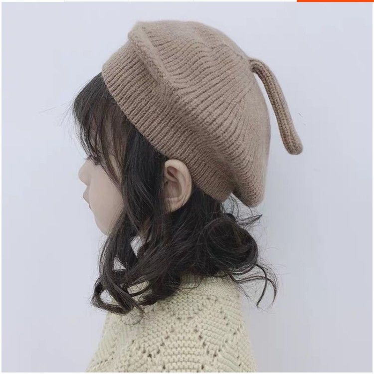 贝雷帽儿童女童贝雷帽秋冬季韩版儿童宝宝猫耳朵尾巴针织毛线帽子猫咪