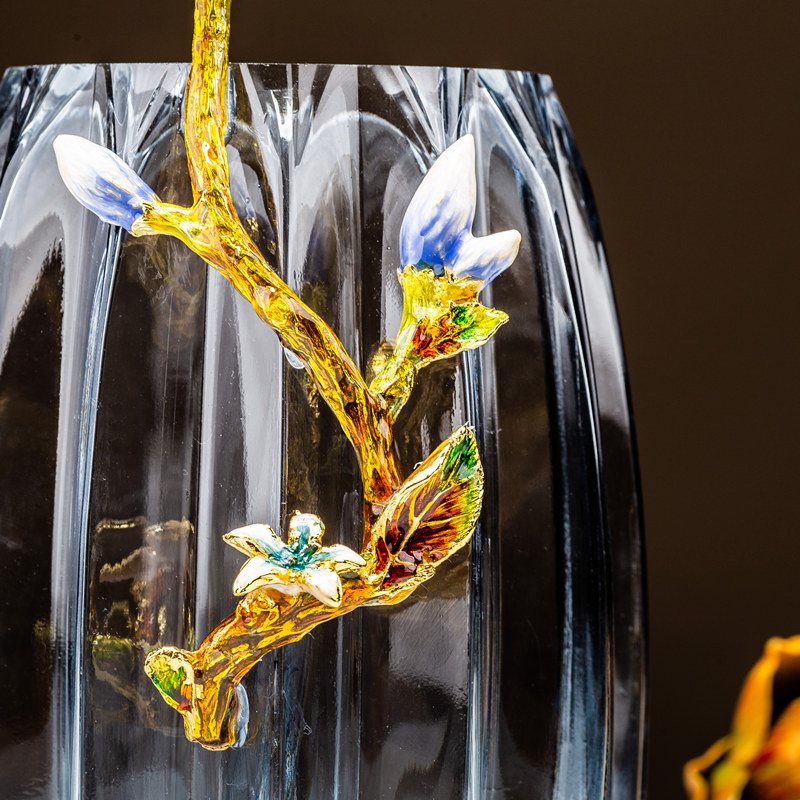 珐琅玻璃花瓶摆件客厅台面欧式别墅家用装饰礼品简约轻奢 透明两件套