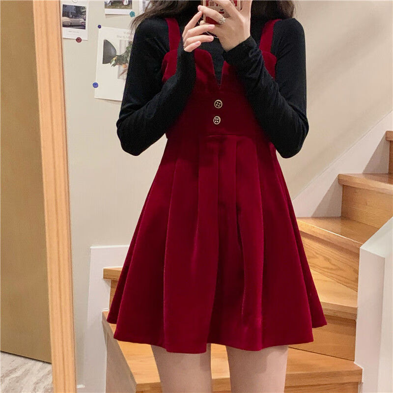新款冬季女士毛衣2021打底衫红色吊带裙过年套装裙字连衣裙冬季女装两