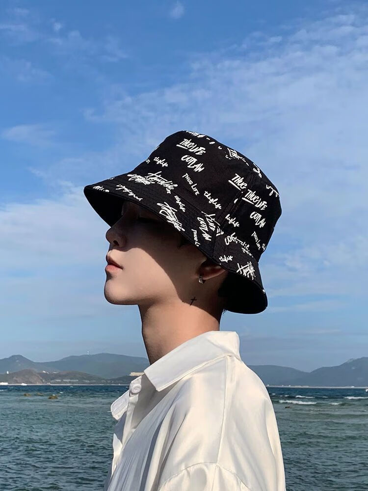 渔夫帽男潮流双面戴渔夫帽男士潮人字母涂鸦韩版百搭青年夏季帽子男盆