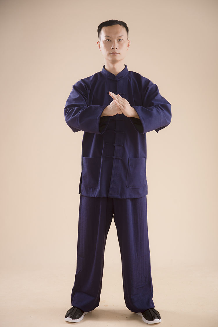 太极服练功服全套中式复古对襟立领武术服唐装居士服黑色套装秋冬季