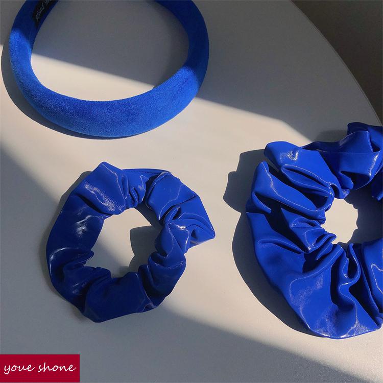 youeshone蓝色超时髦发箍大肠圈pu皮质发圈发绳头绳增高海绵头箍女