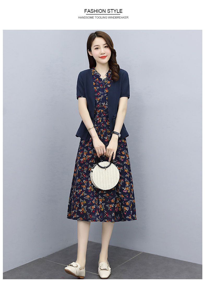 皮尔卡丹品牌高档女装套装棉麻裙子中年妈妈显瘦304050岁连衣裙夏季