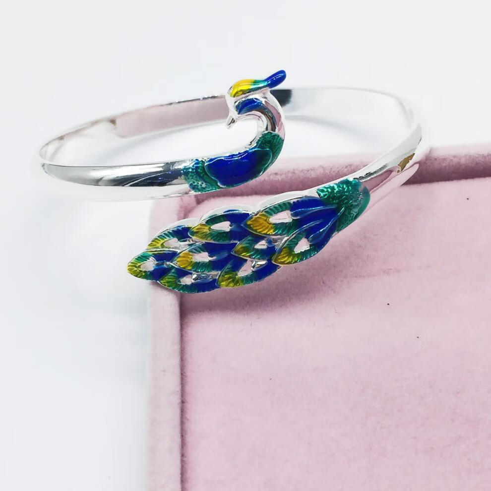 浙饰界孔雀景泰蓝银手镯花丝手工s999足银开口孔雀开屏银镯子女珐琅彩