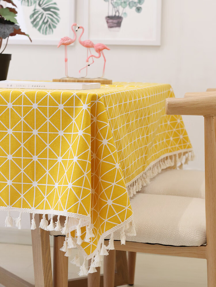 布餐桌布艺小清新长正方形花边桌布灰格子流苏花边直径110cm圆桌布