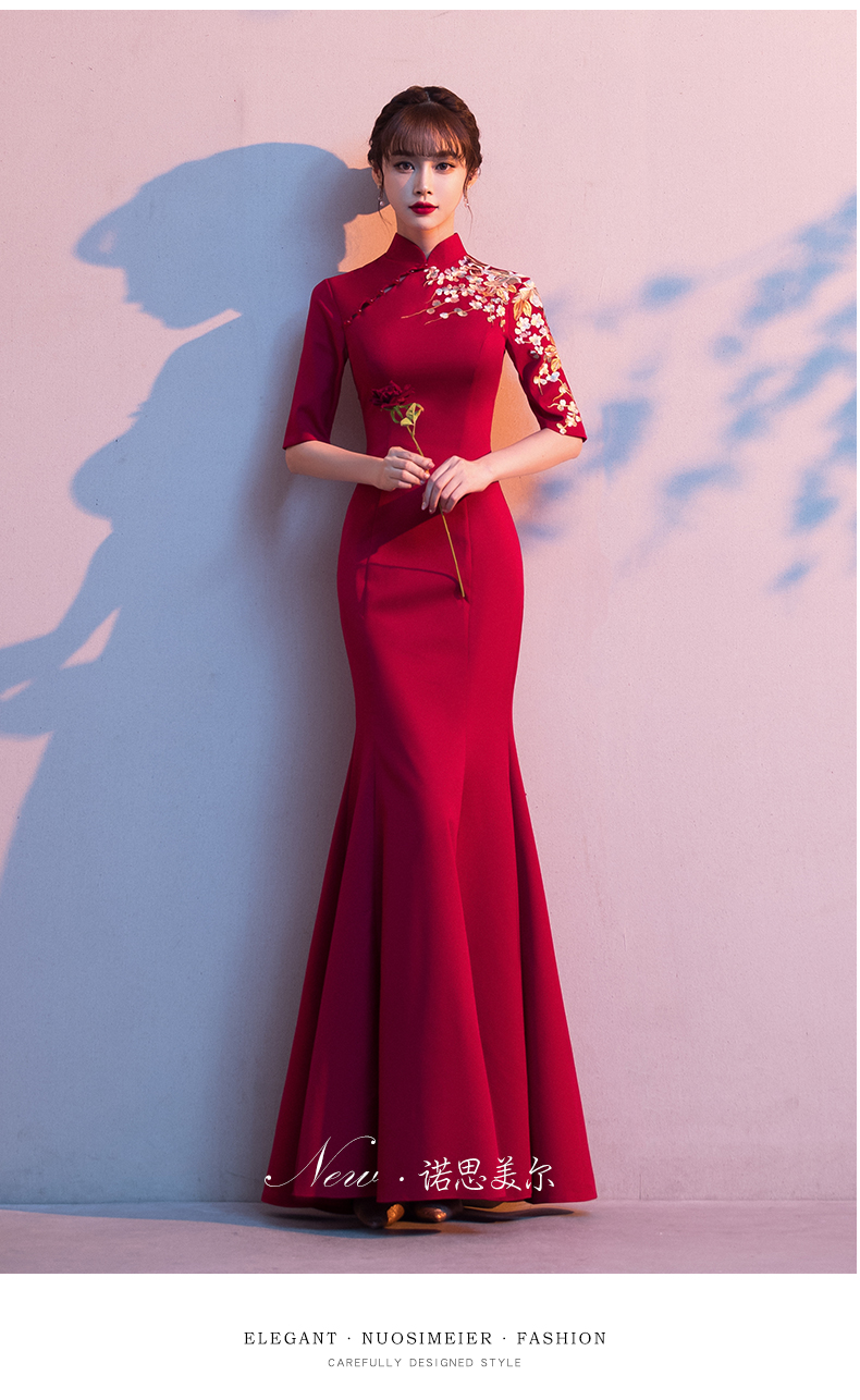 皮尔卡丹轻奢高档女装敬酒服新娘旗袍2021新款春中袖鱼尾修身结婚礼服