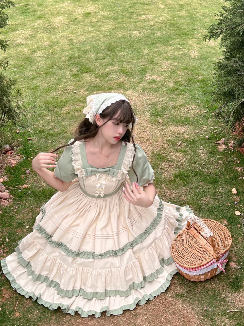 jiangyi 白糖少女～原创设计lolita洋装田园风op短袖连衣裙-dsq 粉色