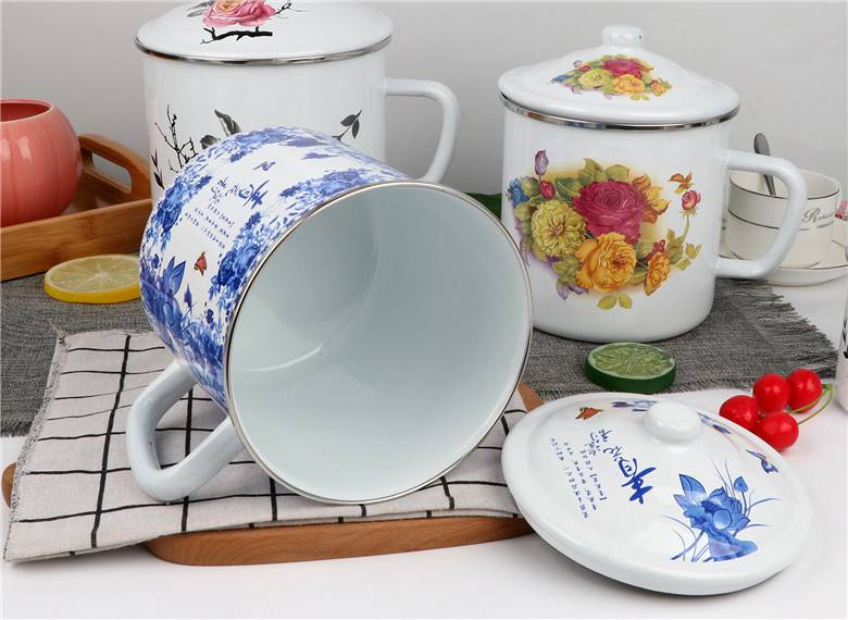 瓷缸水杯加厚搪瓷杯子带盖铁缸16cm超大容量杯茶缸复古搪瓷缸啤酒杯