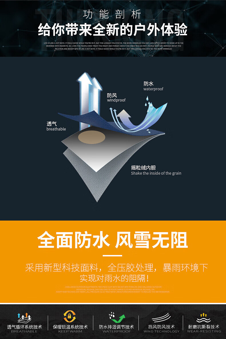 户外冲锋衣男女中长款三合一两件套耐穿夹克防风防水情侣登山服 女玫